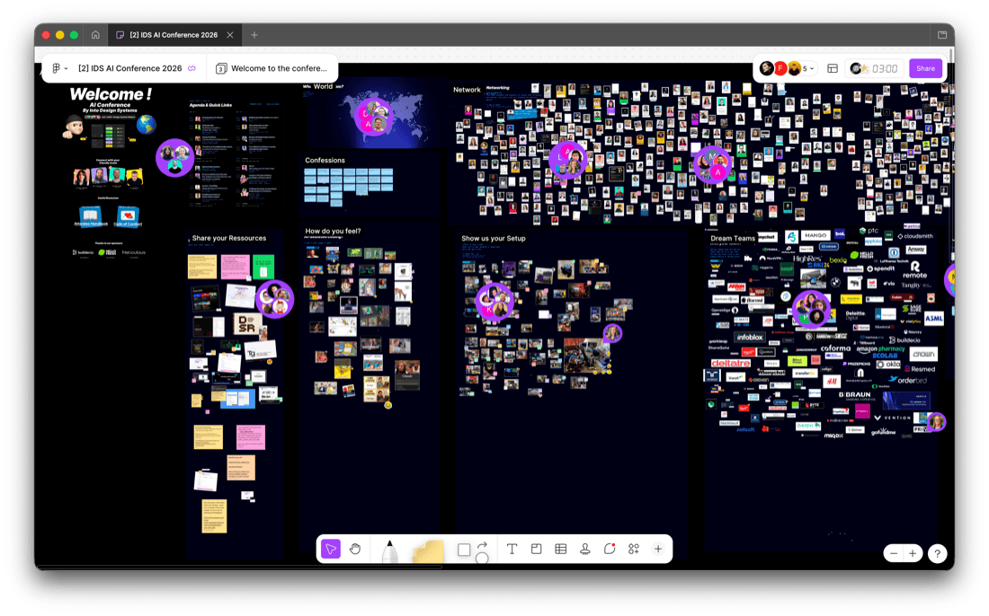 FigJam collaboration board from the AI Design Systems Conference 2026 live session with networking grid, confessions wall, attendee resources, Q and A notes and setup showcase from over 1,000 designers across 50 countries