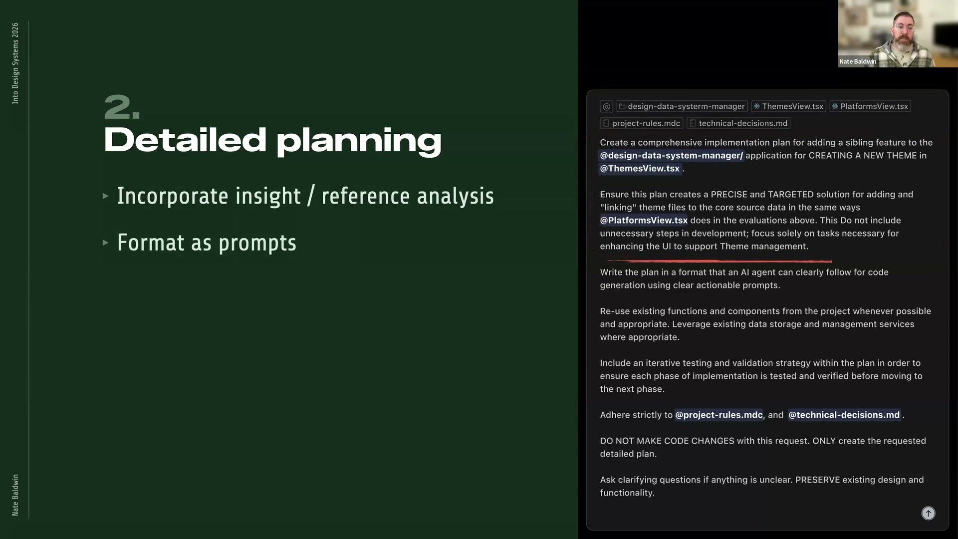 Nate Baldwin presenting detailed planning and actionable prompts in Cursor with Claude Code for design tokens and prototyping with vibe coding
