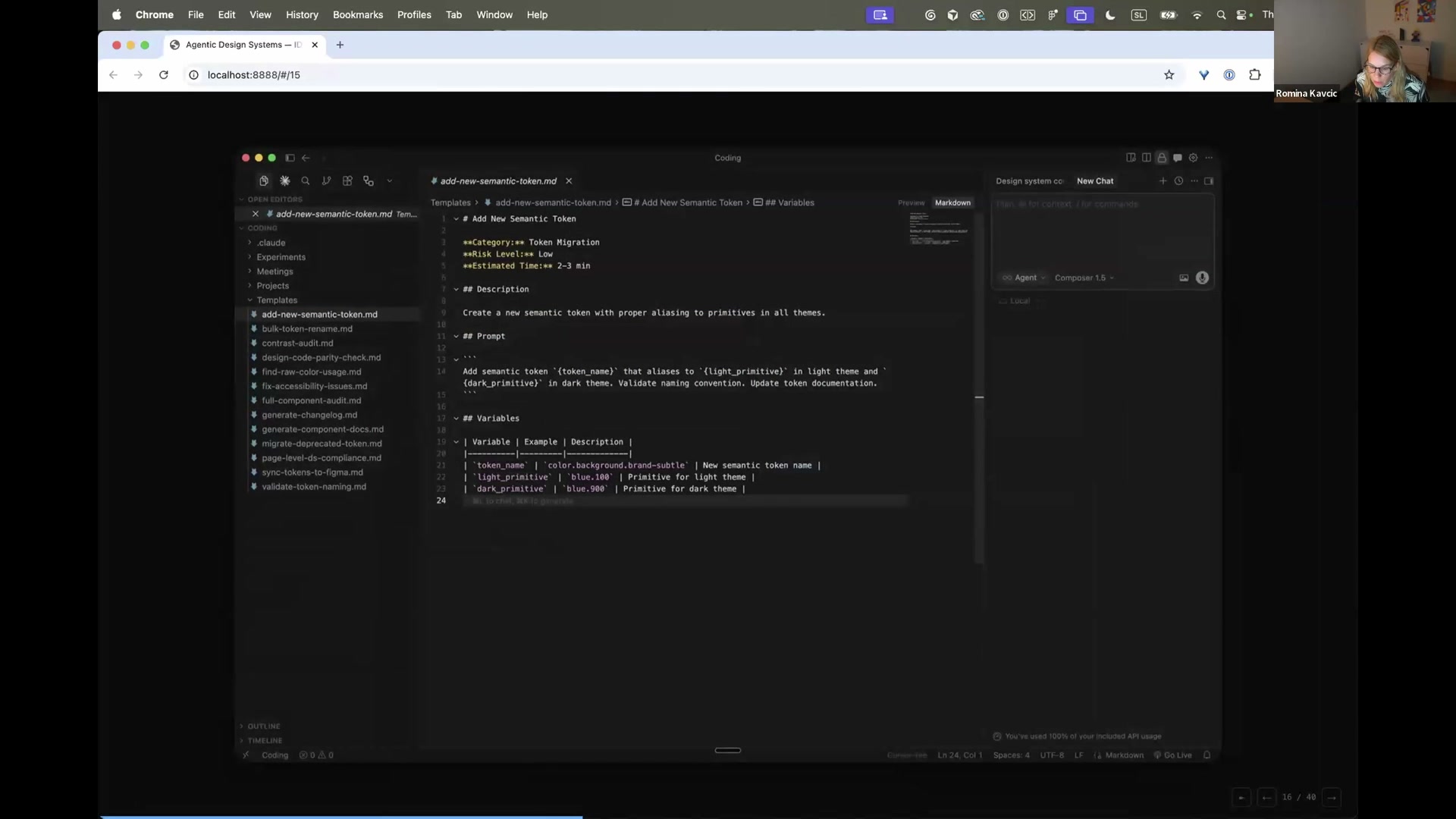 Romina Kavcic, founder of The Design System Guide, presenting her five-step agentic design systems framework of Observe, Detect, Suggest, Fix and Learn at the AI Design Systems Conference 2026